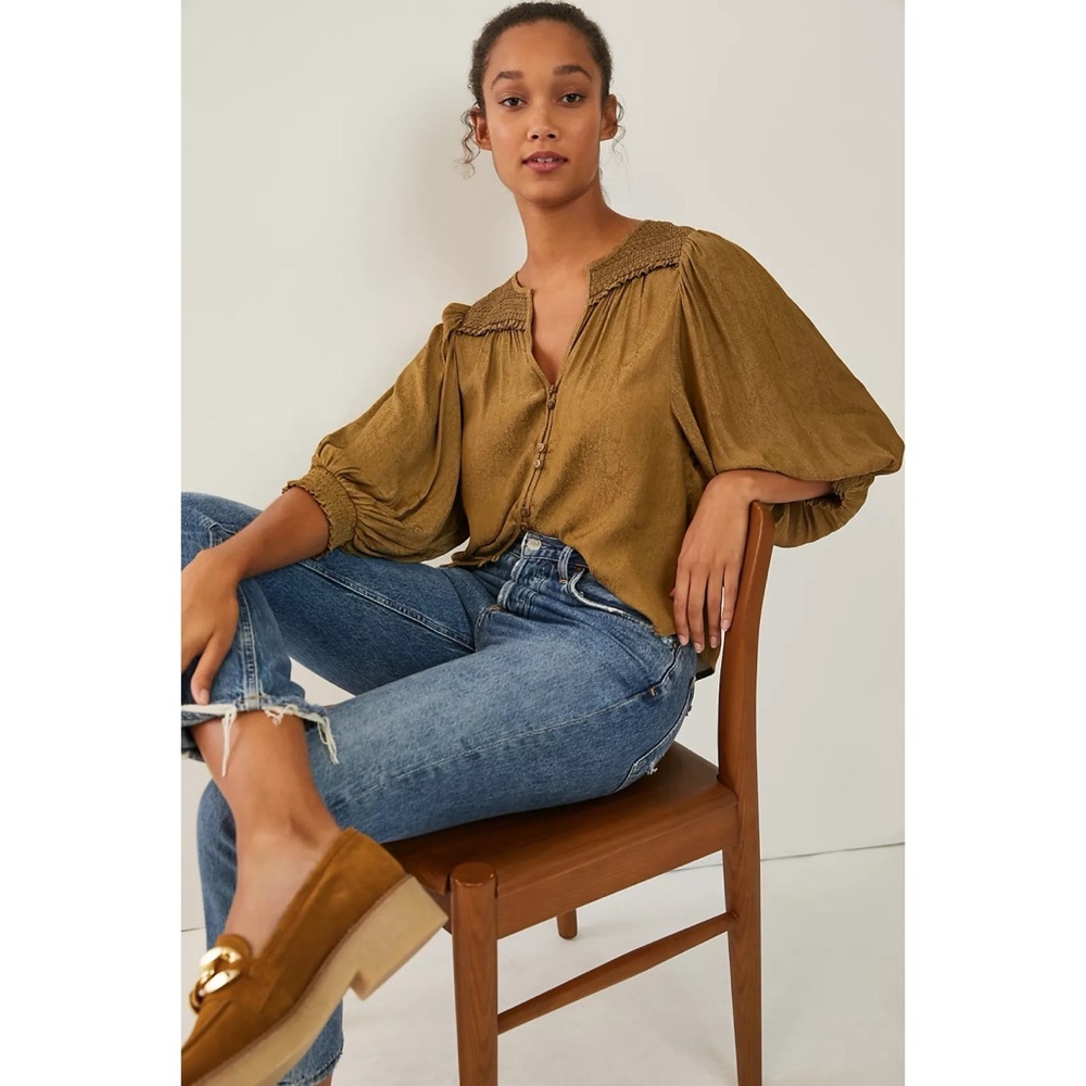 Anthropologie Gold Blouse with Balloon Sleeves
